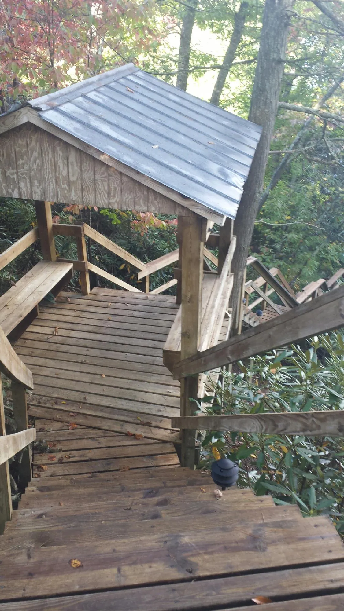 Metal roofed shelter over wooden steps on a wooded walkway — Skylight Repair & Installation work by our crew in Wetmore